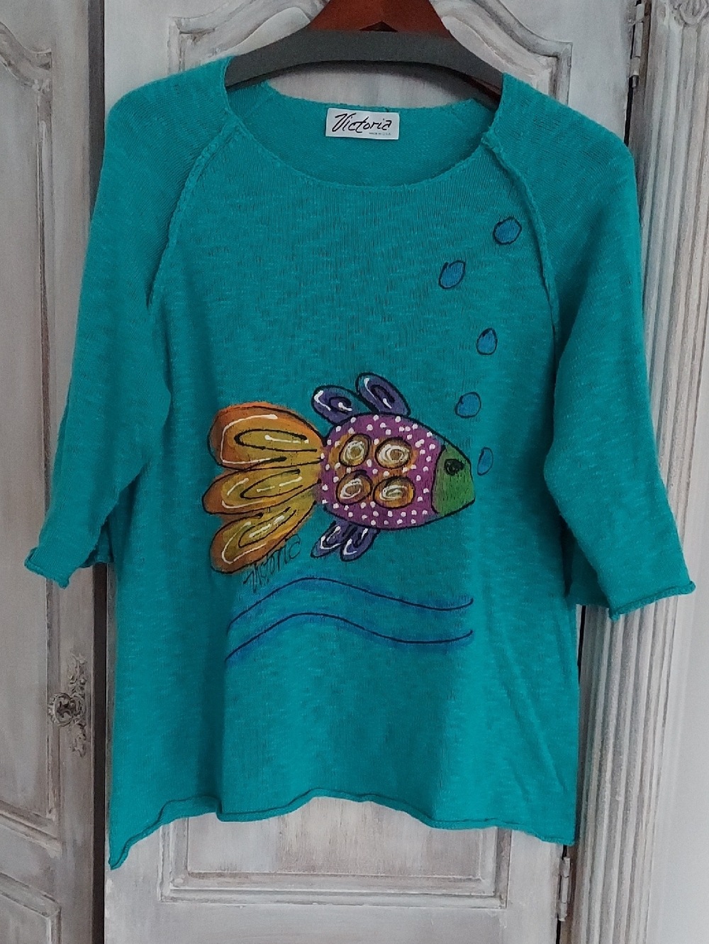 Teal Fish Embroidered Pullover Sweatshirt